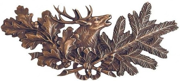 Bronzová ozdoba s jelenem a větvemi dubu, 10×21 cm