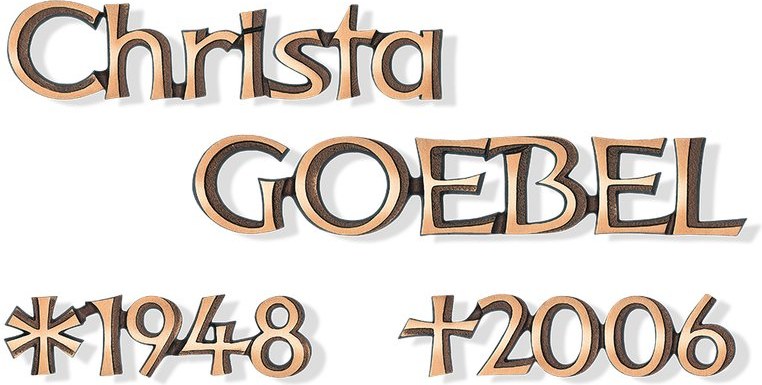 Náhrobný nápis z jednotlivých písmen, bronz alebo hliník