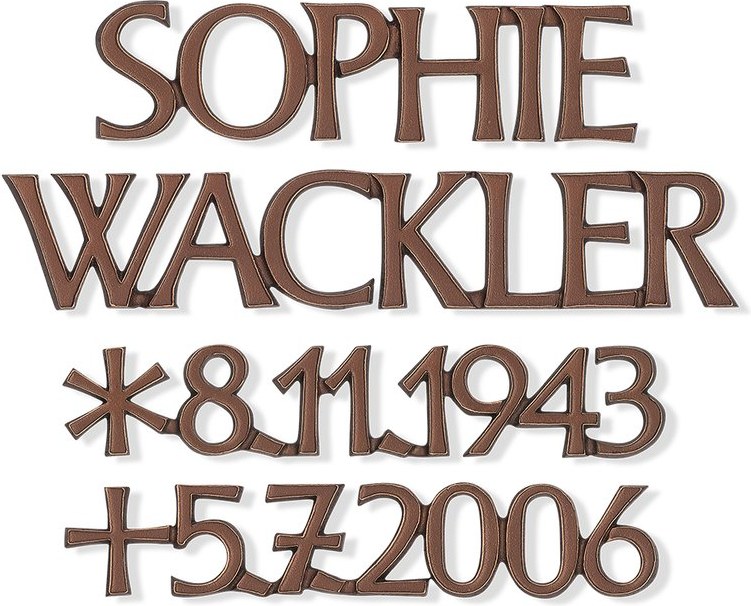 Grabinschrift Wackler, Bronze oder Aluminium, Stärke 6–15 mm