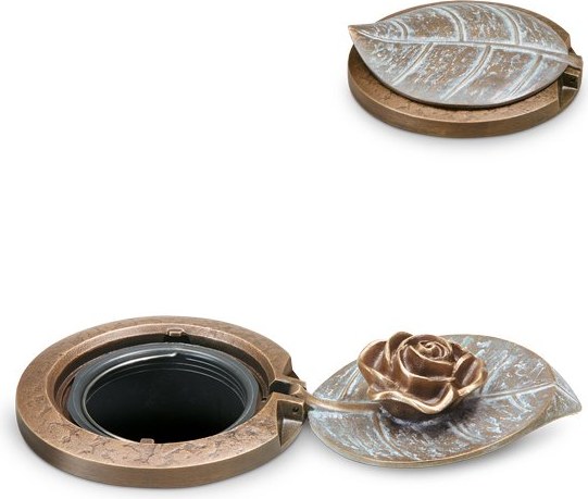 Náhrobná váza s vekom a motívom ruže, bronz, Ø 12 cm